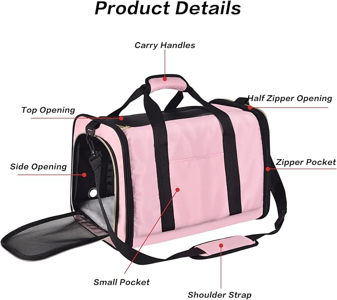 Petmolico Cat Carrier Dog Carrier, Airline Approved Soft Pet Travel Carrier with 3 Open Doors Mesh Windows for Cats Puppy 16 lbs, Pink