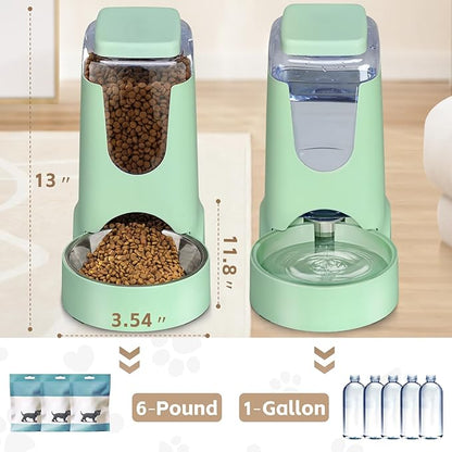 2 Pack Automatic Cat Feeder and Water Dispenser with Stainless Steel Dog Bowl Gravity Self Feeding for Small Medium Pets Puppy Kitten 1 Gallon x 2 (Pink) (green)