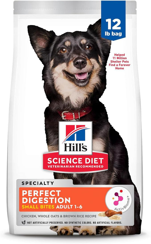 Hill's Science Diet Perfect Digestion, Adult 1-6, Digestive Support, Small Kibble, Dry Dog Food, Chicken, Brown Rice, & Whole Oats, 12 lb Bag