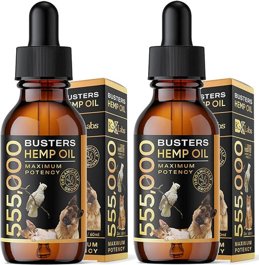 2-PACK Buster's Organic Hemp Oil for Dogs & Pets, 4-MONTH Supply, Large 60ml Bottles, 555,000 Max Potency, Joint Relief, Calming, Miracle Formula, Perfectly Balanced Omega 3, 6, 9, USA