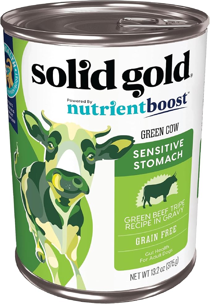 Solid Gold Green Cow Wet Dog Food Mix in for Adult & Senior Dogs for Picky Eaters - Canned Dog Food Additive with Beef Tripe for Healthy Digestion & Sensitive Stomach 12 Pack/13.2 oz Cans