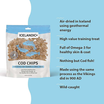 Icelandic+ Mini Fish Chips: Cod 9oz - Dog Treats, for Training & Small Dogs, 2 Ingredient Air-Dried Crunchy Chips