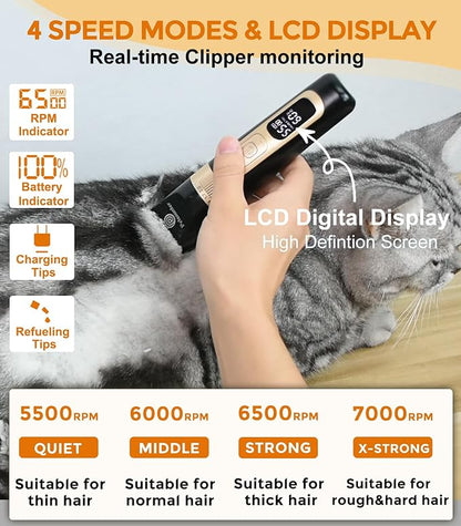 Dog Cat Clippers for Matted Hair - 4-Speed & LCD Dog Clippers for Grooming, Rechargeable for Large&Small Dogs and Cats with Thick Coats - Low Noise & Low Vibration, Paw Trimmer(C95 Pro)