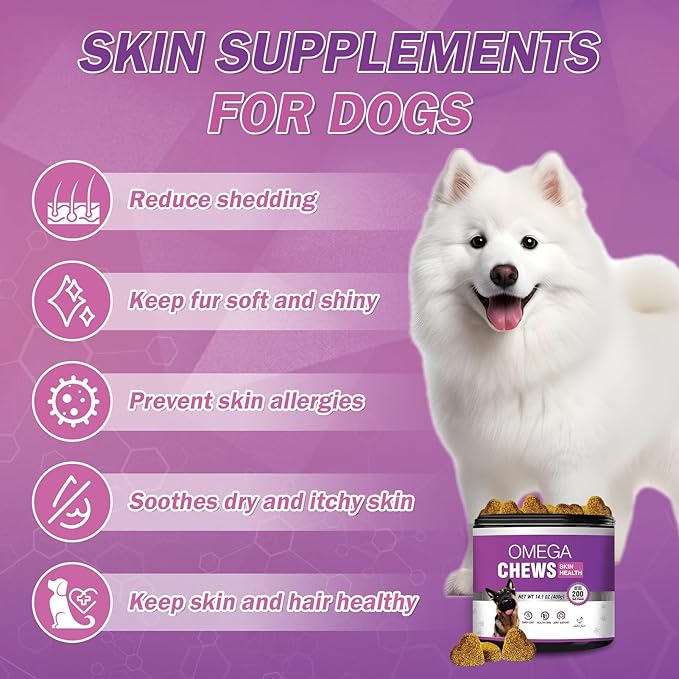 Omega 3 for Dogs Skin and Coat Supplement for Dogs Dog Allergy Chews Dog Itching Skin Relief Fish Oil for Dogs Dry Skin for Dogs Treatment Dog Salmon Oil Supplement 200 Tablets Omega 3 Chews for Dogs