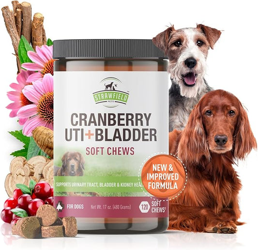 Strawfield Pets' Cranberry UTI + Bladder Chews Cranberry Supplement for Dogs Urinary Tract - Allergy Safe Peanut Butter Flavor 120 Crunchy Chewables
