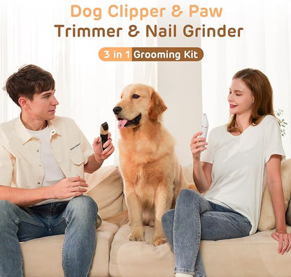 Dog Hair Clippers for Grooming Kit and Dog Paw Trimmer for Grooming, Low Noise Rechargeable Cordless, Shaver Grooming Supplies for Pet Cats Dogs (Gold, White)