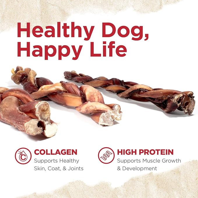 Natural Farm Braided Power Bully Sticks Dog Chews (12”, 10-Pack), 2-in-1 Power Chews: Premium Beef Cheek Wrapped in Beef Pizzle, Braided Together for a Very Long Lasting Chew, Great for Large Dogs