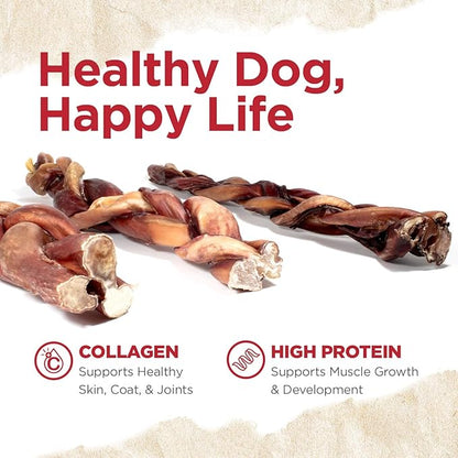 Natural Farm Braided Power Bully Sticks Dog Chews (12”, 10-Pack), 2-in-1 Power Chews: Premium Beef Cheek Wrapped in Beef Pizzle, Braided Together for a Very Long Lasting Chew, Great for Large Dogs