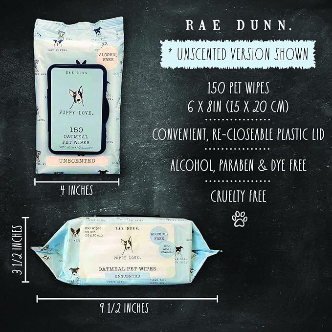 Rae Dunn Oatmeal Pet Wipes, Alcohol Free with Aloe and Vitamin E, Unscented, 150 Count