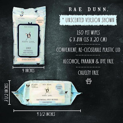 Rae Dunn Oatmeal Pet Wipes, Alcohol Free with Aloe and Vitamin E, Unscented, 150 Count