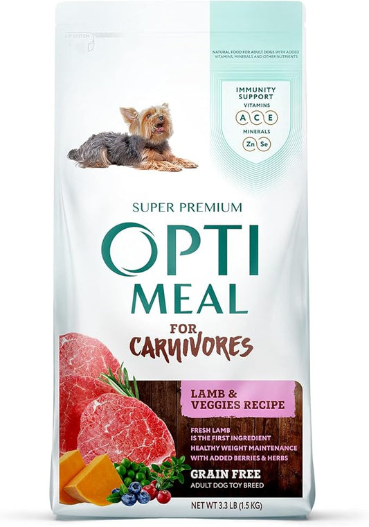 OPtimeal Grain-Free Dog Food - Proudly Ukrainian - Non-Grain Dog Food Dry Recipe, Dry Dog Food to Support Healthy Weight Maintenance - Toy Breeds (3.3 lbs, Lamb & Veggies)