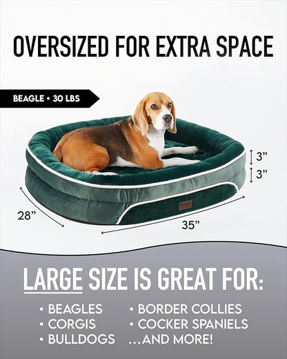 Orthopedic Dog Bed for Large Dogs, Dog Couch Design with Egg Foam Support, Removable, Machine Washable Plush Cover and Non-Slip Bottom with Four Sided Bolster Cushion (Dark Green)