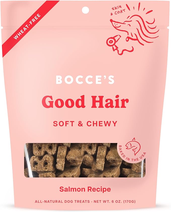 Bocce's Bakery Dailies Good Hair Dog Treats for Skin & Coat Support, Wheat-Free Dog Treats, Made with Real Ingredients, Baked in The USA, All-Natural Soft & Chewy, Salmon Recipe, 6 oz
