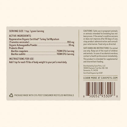 Super Blend Powder, Mushroom Mycelium and Dog Probiotic Supplement for Brain and Digestive Health, Turkey Tail & Probiotics