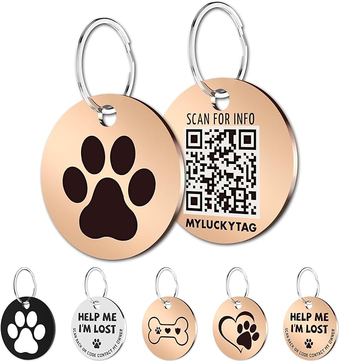 MYLUCKYTAG Stainless Steel QR Code Pet ID Tags Dog Tags - Pet Online Profile - Scan QR Receive Instant Pet Location Alert Email