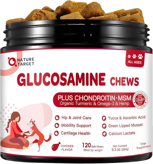 Glucosamine for Dogs, Joint Supplement for Dogs with Chondroitin, MSM, Omega-3, Hemp for Pain Relief, Hip and Joint Chews for Dogs with Calcium for Bone Health, 120 Soft Chews
