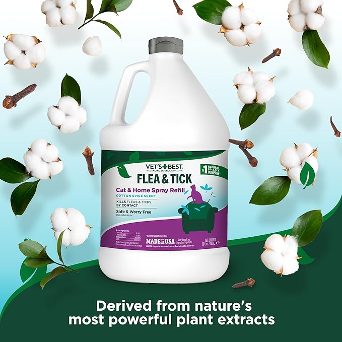 Vet’s Best Flea & Tick Home Spray Refill for Cats – Cotton Spice Scent Cat Flea & Tick Aid – Made in The USA – Flea & Tick Gentle Mist for Cats – 96oz