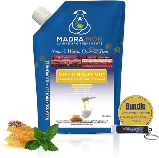 Madra Mor Milk & Honey Mud Spa Bath for Dogs | Dog Bath for Dog Grooming | 10oz Pouch Mud Bath Dog Essentials with Multi-Purpose Key Chain