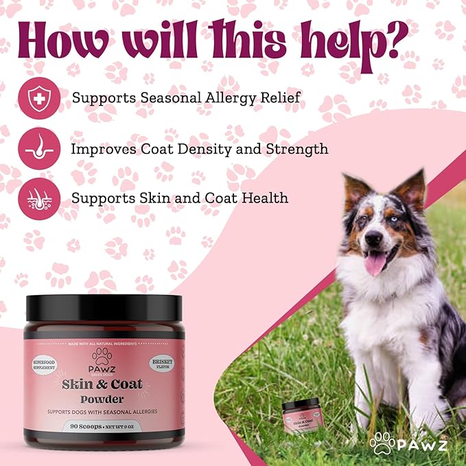 PAWZ Skin & Coat Supplement Powder for Dogs - 90 Scoops Beef Flavor - Omega 3 Probiotics Supplement Support Coat Density and Strength - Suitable for All Types of Dogs
