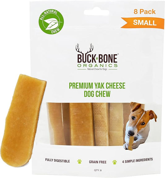 Buck Bone Organics Yak Cheese Chews for Dogs, All Natural Himalayan Yak Chew, Long Lasting Pet Treats, Odor Free, with Limited Ingredients (8 Small Sticks)
