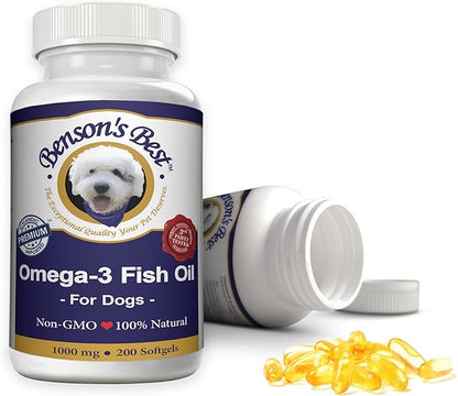 Benson's Best Omega 3 Fish Oil for Dogs - Provides 43% More Omega 3 Fatty Acids Than Salmon Oil - 200 Softgels 1000 mg - 100% Pure, Non-GMO, Natural Pet Food Dog Fish Oil Supplements