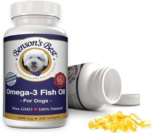Benson's Best Omega 3 Fish Oil for Dogs - Provides 43% More Omega 3 Fatty Acids Than Salmon Oil - 200 Softgels 1000 mg - 100% Pure, Non-GMO, Natural Pet Food Dog Fish Oil Supplements