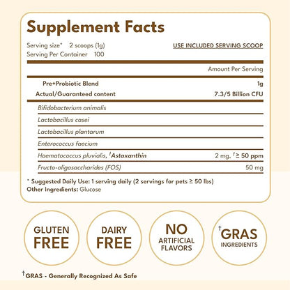 Prebiotics & Probiotics for Dogs & Cats Digestive Health Probiotics Supplement for Pets Skin & Coat, Stress, Allergies, Immune and Nutrient Absorption - Astaxanthin Rich Blend - 100 Servings