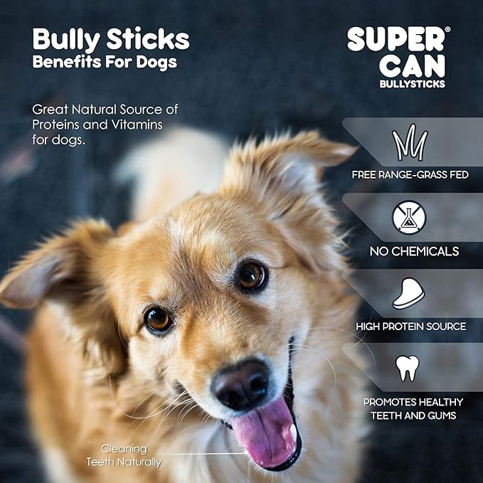 Supercan Bully Sticks for Dogs 6" (15 Count) -100% Natural Farm Raised Beef Dog Chews. Free Range Grass Fed Non-GMO Treats for Dogs