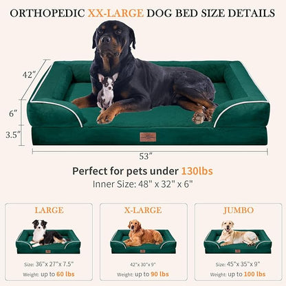 Orthopedic Dog Bed Waterproof, XXL Dog Beds for Oversized Dogs, Washable Dog Sofa Bed with Removable Cover & Non-Slip Bottom(XX-large,Emerald)