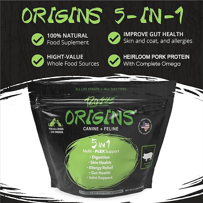 Origins 5-in-1 Dog Supplement - Powdered Food Topper w/Natural Heirloom Pork Protein- Supports Healthy Digestion, Skin, and Coat - Helps Reduce Itching & Joint Inflammation (2 lbs)