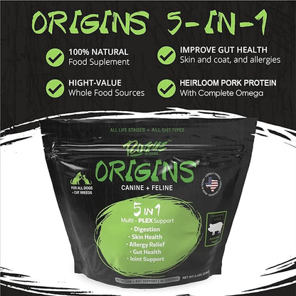 Origins 5-in-1 Dog Supplement - Powdered Food Topper w/Natural Heirloom Pork Protein- Supports Healthy Digestion, Skin, and Coat - Helps Reduce Itching & Joint Inflammation (2 lbs)