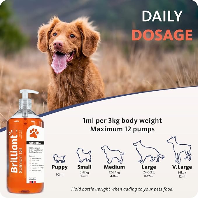 Brilliant Salmon Oil for Dogs, Cats & Puppies | Omega 3 Fish Oil Liquid Supplement with DHA, EPA Fatty Acids | Supports Skin and Coat, Immune System & Joint Function | Hofseth BioCare (34oz)