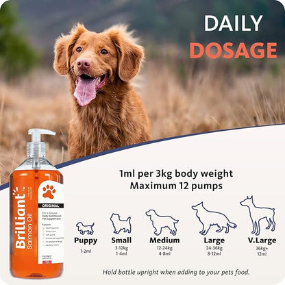 Brilliant Salmon Oil for Dogs, Cats & Puppies | Omega 3 Fish Oil Liquid Supplement with DHA, EPA Fatty Acids | Supports Skin and Coat, Immune System & Joint Function | Hofseth BioCare (34oz)