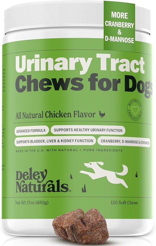 Deley Naturals Dog UTI Prevention - 120 Grain Free Soft Chews - Incontinence, Bladder, Kidney & Immune System Support - Cranberry Pills - D-Mannose & Echinacea - Made in USA - Natural Chicken Flavor