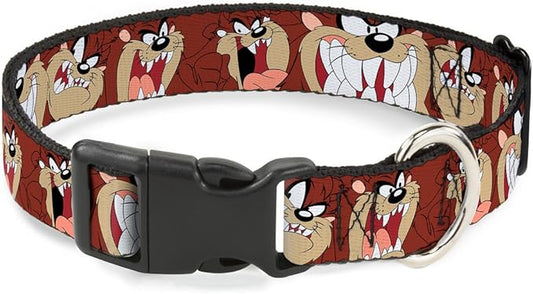 Buckle-Down Plastic Clip Collar - Tasmanian Devil Expressions Brown - 1/2" Wide - Fits 6-9" Neck - Small