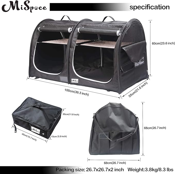 Mispace Portable Twin Compartment Show House Cat Cage/Condo - Easy to Fold & Carry Kennel - Comfy Puppy Home & Dog Travel Crate with Portable Carry Bag/Two Hammocks/Mats and Collapsible Litter Box