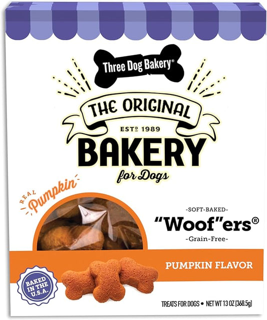 Three Dog Bakery Grain Free Wafers Baked Dog Treats, Pumpkin, 13 oz