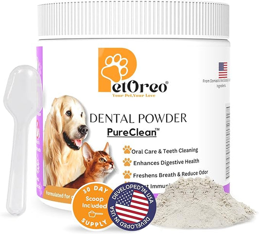 𝐏𝐄𝐓𝐎𝐑𝐄𝐎 Cat & Dog Teeth Cleaning Powder - Dog Breath Freshener - Perfect for Dog Bad Breath Treatment- Tartar Remover - Pure Clean Pet Dental Care, 30 Scoops