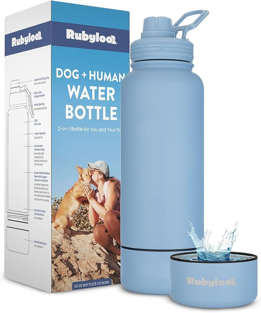 Dog Water Bottle for Dog Lovers - 32 oz Stainless Steel Double Wall Insulated Water Bottle with 8 oz Attached Dog Bowl - Dog Mom Gifts for Women for Travel, Hiking & Everyday Adventures - Dusty Blue