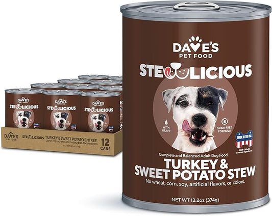 Dave's Pet Food Grain Free Wet Dog Food (Turkey & Sweet Potato in Gravy), Made in USA Naturally Healthy Canned Dog Food, Added Vitamins & Minerals, Wheat & Gluten-Free, 13.2 oz Cans (Case of 12)