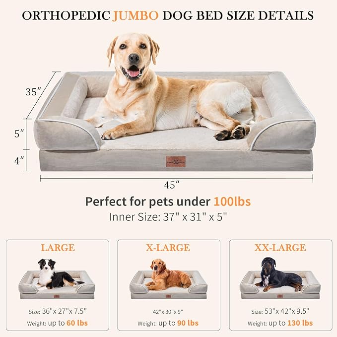 Orthopedic Jumbo Dog Bed, Extra Large Dog Beds Jumbo Breed, Waterproof Dog Bed, PV Washable Dog Sofa Bed with Removable Cover & Non-Slip Bottom(Jumbo,Beige)