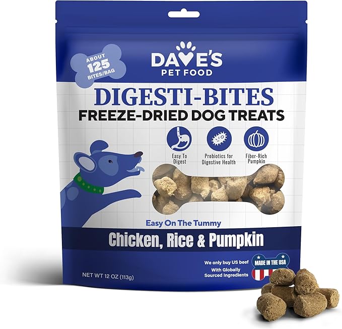 Dave's Pet Food Digesti-Bites Easy to Digest Freeze Dried Chicken Dog Treats with Pumpkin Fiber & Probiotics, Complete & Balanced Nutritious, Freeze Dried Dog Food Topper, USA Made (12 oz)