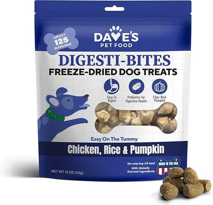 Dave's Pet Food Digesti-Bites Easy to Digest Freeze Dried Chicken Dog Treats with Pumpkin Fiber & Probiotics, Complete & Balanced Nutritious, Freeze Dried Dog Food Topper, USA Made (12 oz)