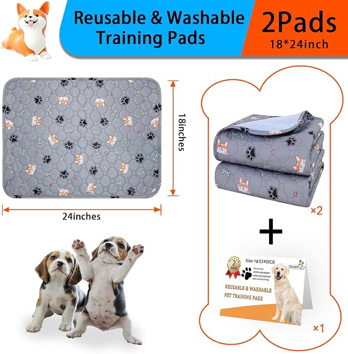Washable Pee Pads for Dogs - Super Absorbent Reusable Puppy Pads 2Pack 18''x24'' Waterproof Dog Pee Pads Non-Slip Whelping Pads Leakproof Urine Pet Training Pads for Potty Wshable Puppy Pads