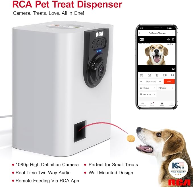 RCA Dog & Cat Smart Camera Treat Dispenser, WiFi-Enabled, 1080p HD Camera, Two-Way Audio, App Control, Compatible with Alexa & Google Assistant – for Small Treats & Kibble