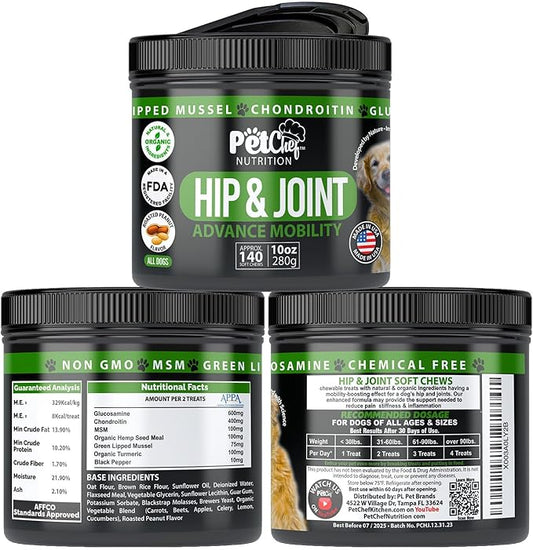 Pet Chef Advanced Dog Hip & Joint Supplement Treat - Glucosamine, Chondroitin & Turmeric MSM Breeds-Reduce Pain, Inflammation & Arthritis. Super Dog Hip & Joint Treat. Renews All Dogs.