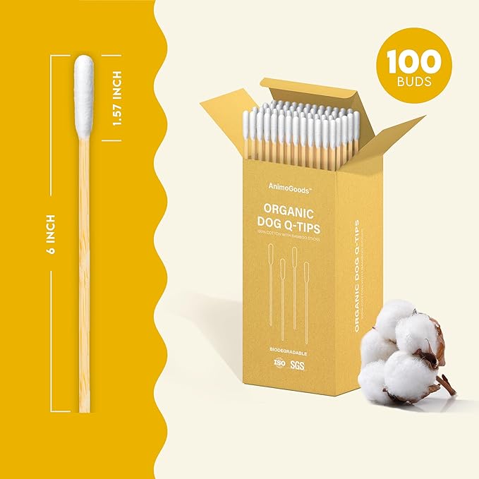 AnimoGoods™ 6 Inch Long Cotton Swabs for Dog Grooming - Eco-Friendly Q-Tips for Cats and Dogs - Dog Ear Cleaning Swabs - 100% Organic Bamboo and Cotton - 100pcs