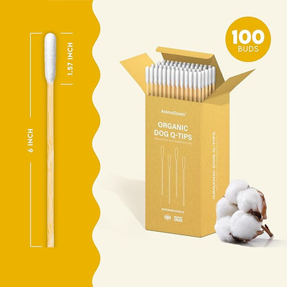 AnimoGoods™ 6 Inch Long Cotton Swabs for Dog Grooming - Eco-Friendly Q-Tips for Cats and Dogs - Dog Ear Cleaning Swabs - 100% Organic Bamboo and Cotton - 100pcs