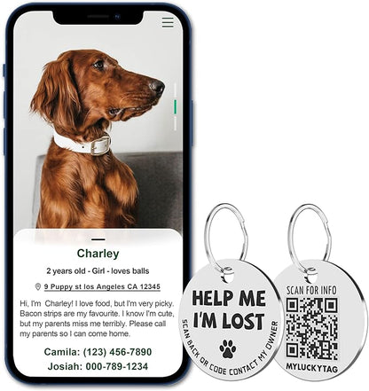 MYLUCKYTAG Stainless Steel QR Code Pet ID Tags Dog Tags - Pet Online Profile - Scan QR Receive Instant Pet Location Alert Email
