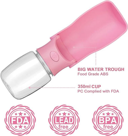 Dog Water Bottle Portable - Leak Proof Foldable Pet Water Dispenser for Dogs & Cats, 350ml Dog Water Bowl Drink Cup Summer Accessories for Outdoor Travel Walk Hinking (Pink)